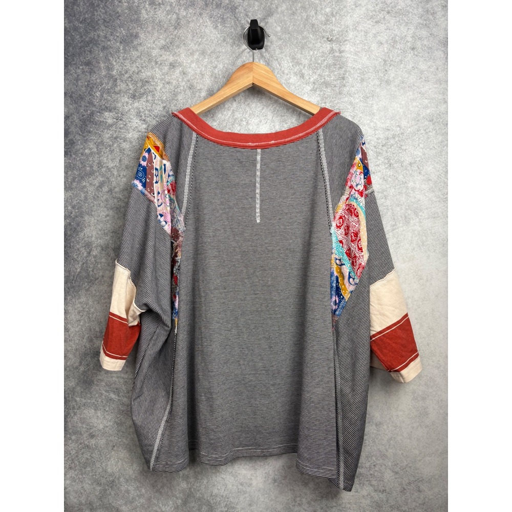 Easel Los Angeles Patchwork Sleeve Oversized Striped Top Womens Large Boho Shirt - Picture 5 of 8